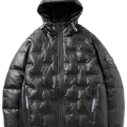 Men's Lightweight Hooded PU Puffer Jacket for Winter