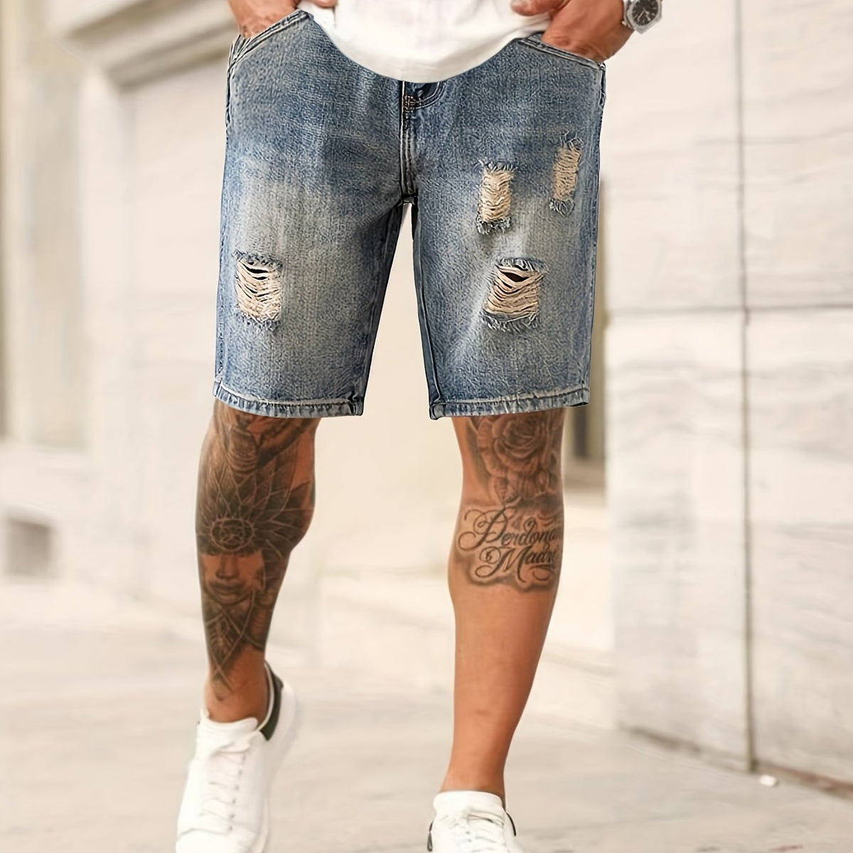 Men's Vintage Denim Shorts, Ripped, Washed for Summer