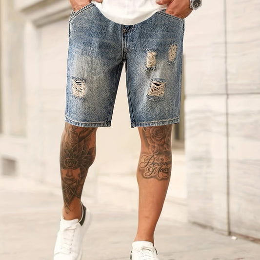 Men's Vintage Denim Shorts, Ripped, Washed for Summer