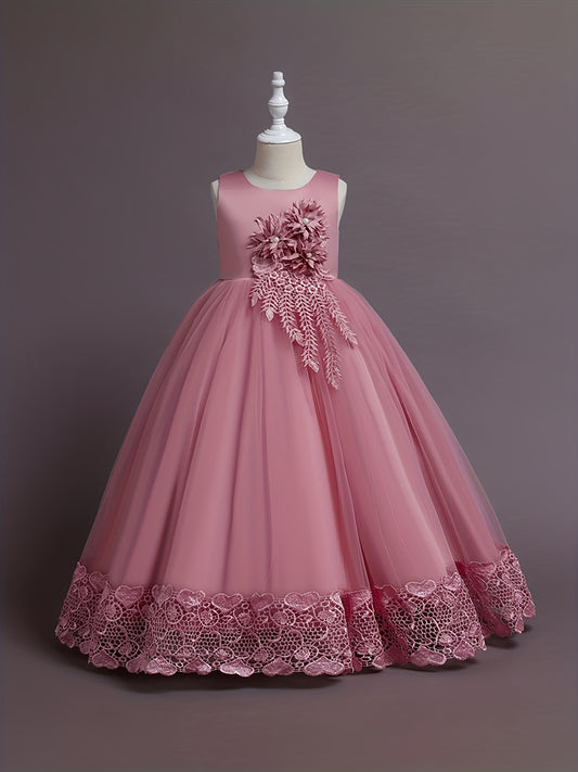 Girls Lace Embroidery Flower Princess Dress with Tutu Skirt