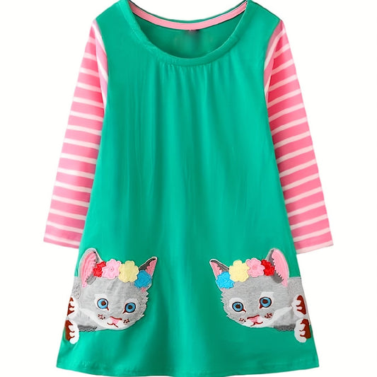 Girls' Kitty Embroidered Long Sleeve Shirt Dress With Stripe Contrast Sleeves