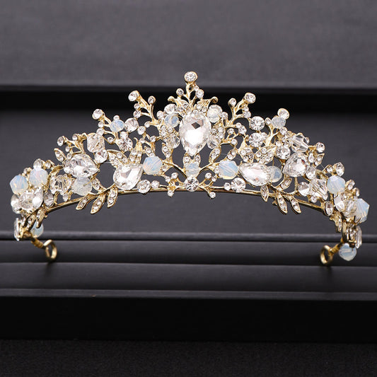 Golden Pearl Bridal Tiara Wedding Crown Floral Hairpiece