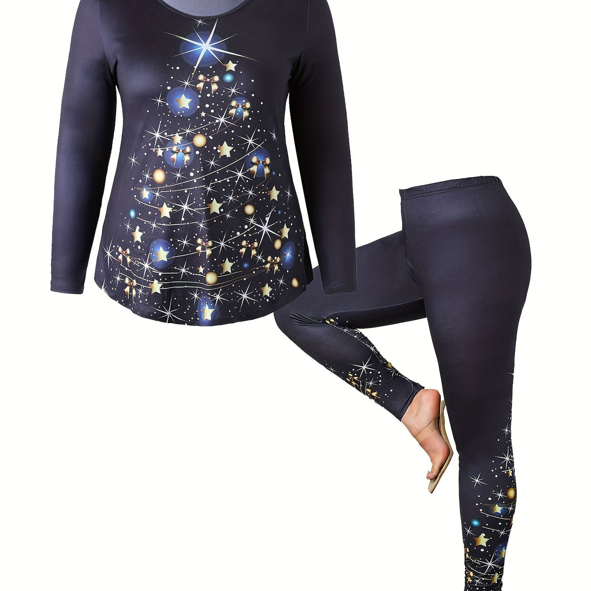 Women's Plus Size Tree Print Top & Leggings 2 Piece Set