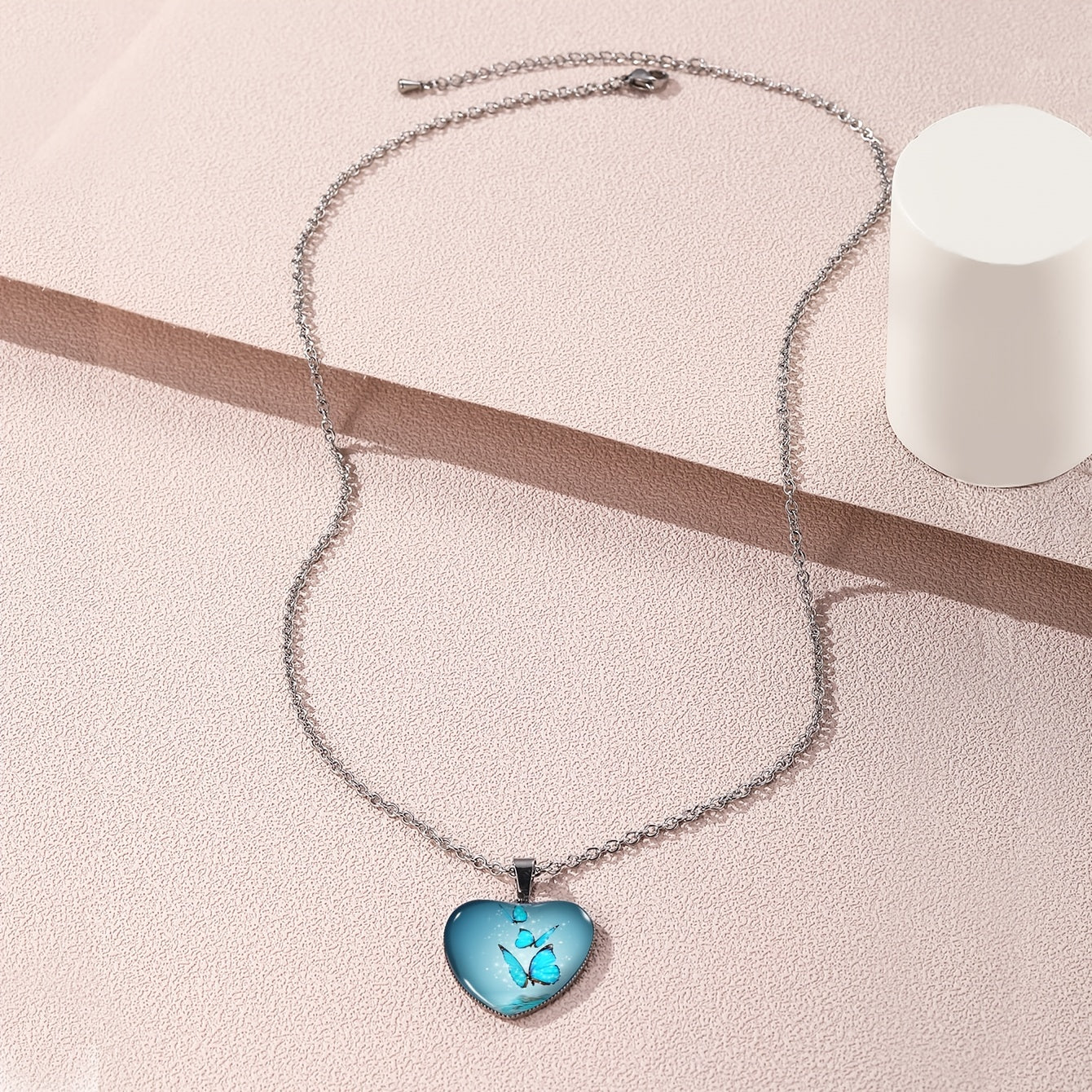 Butterfly Pattern Drop Necklace With Heart Shape Glass Pendant Neck Chain