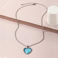 Butterfly Pattern Drop Necklace With Heart Shape Glass Pendant Neck Chain