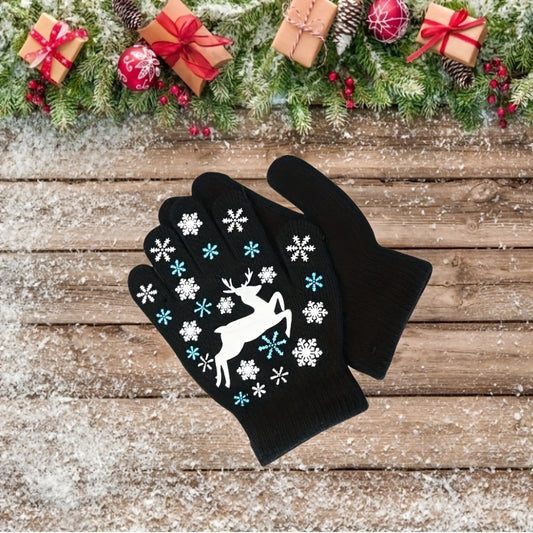 Kids Winter Elk Print Knitted Gloves, 3-6 Years