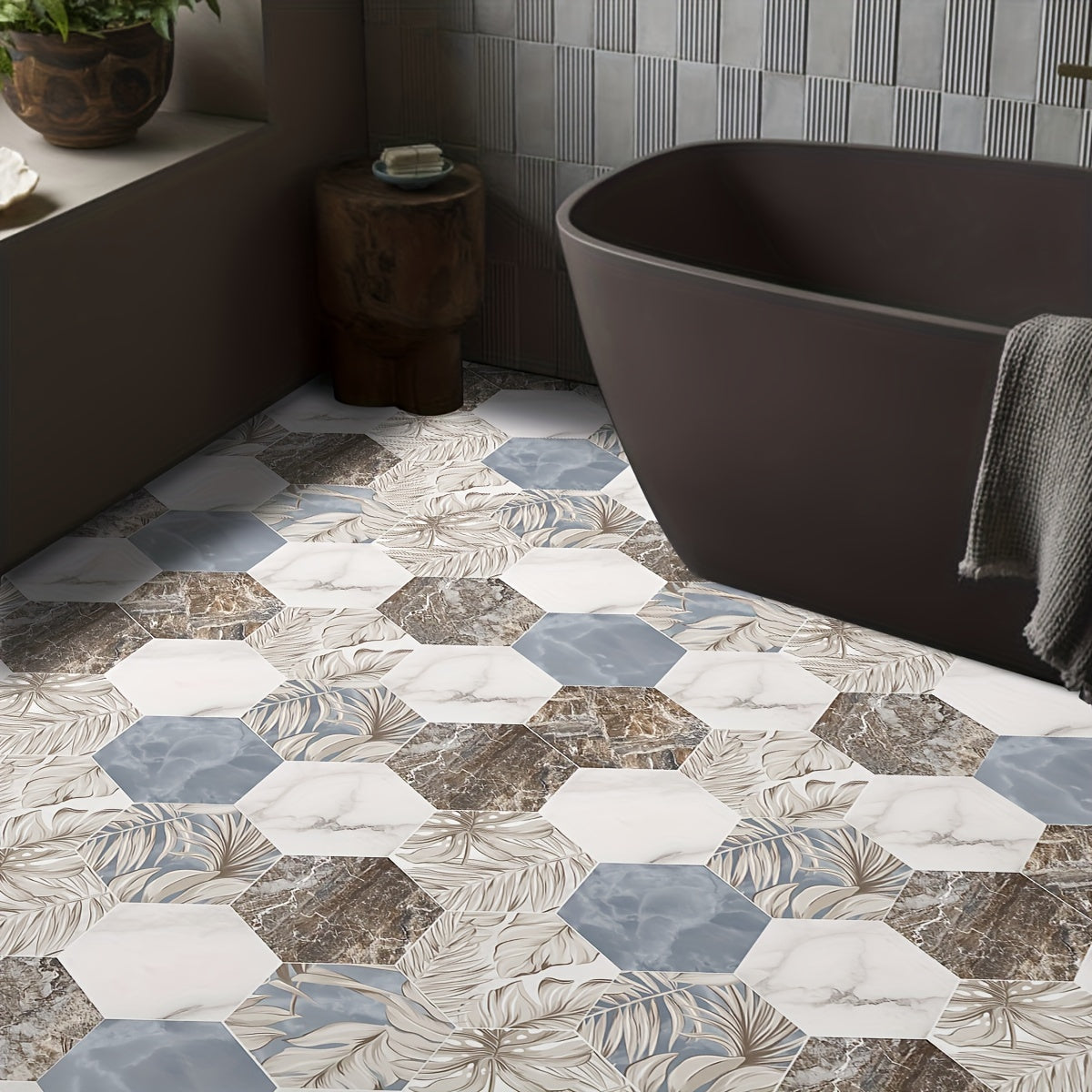 11pcs Plant Leaf Rock Pattern Self-adhesive Hexagon Floor Stickers