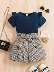 Girls Ruffled Short Sleeve Tee & Plaid Shorts Set with Belt