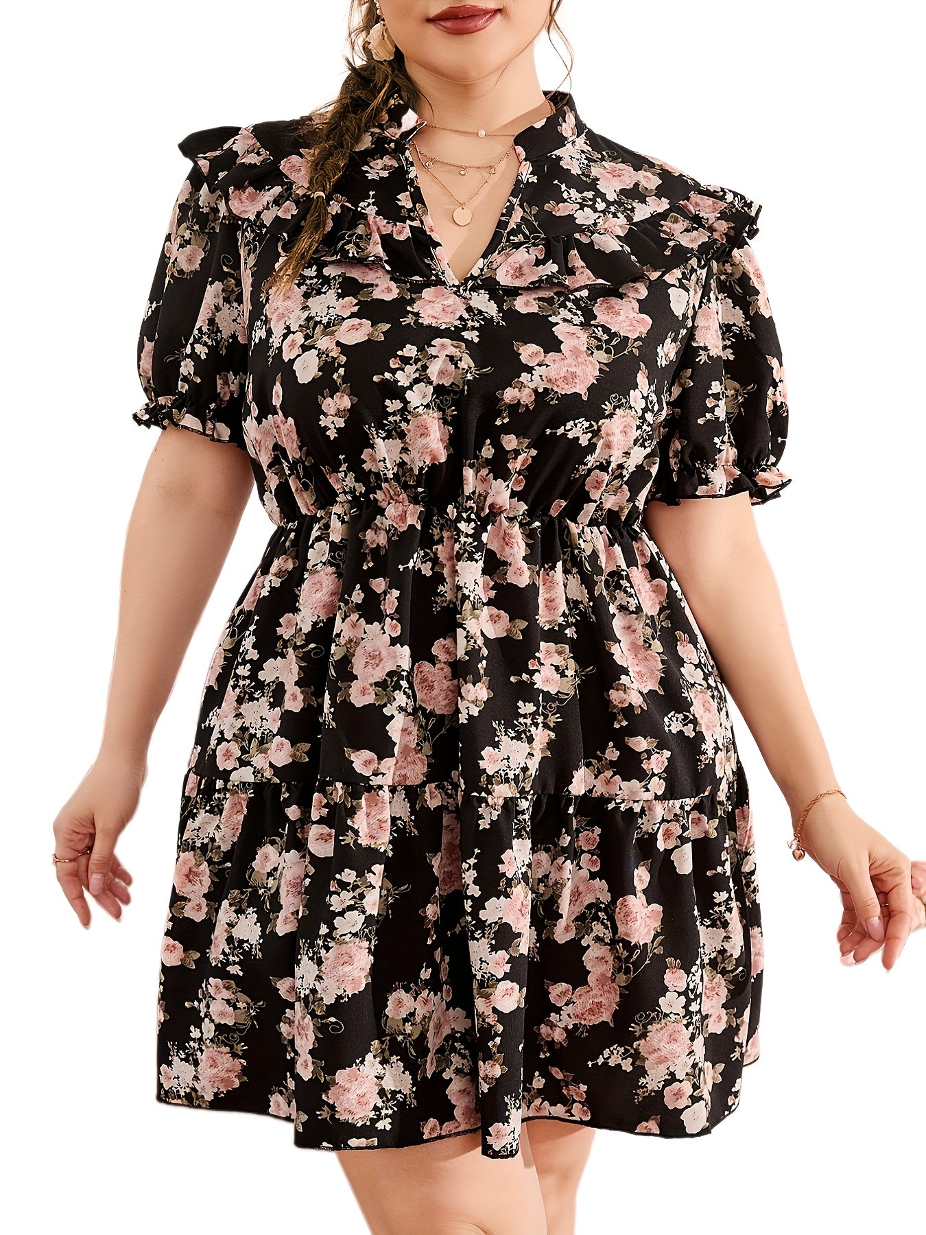  Dress Floral Print Ruffle Puff Sleeve Mini Smock Dress