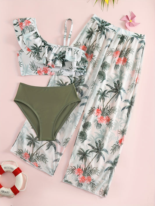 Girl's Bikini Swimsuit 3pcs Ruffle Decor Camisole & Briefs & Pants Set