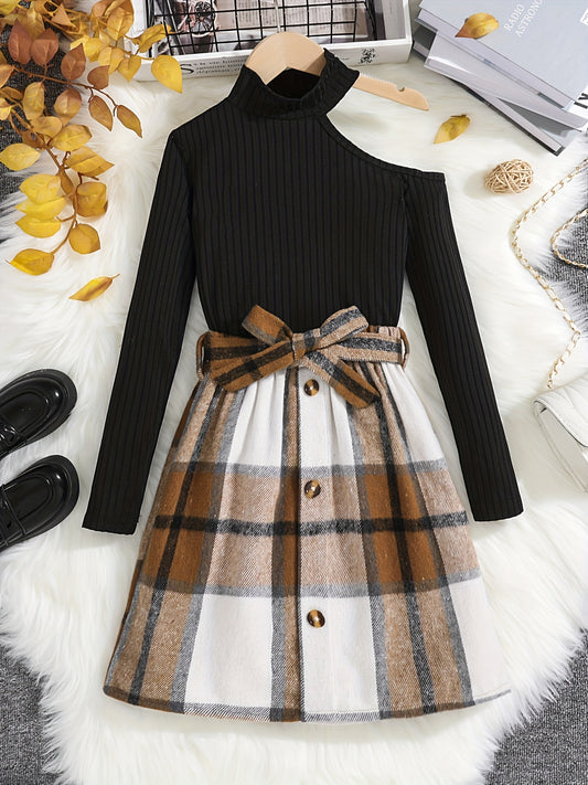 Girl's Ribbed Long Sleeve Top & Plaid Skirt Set Cutout Outfits