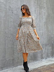 Floral Print Puff Sleeve Shirred Dress Square Neck - Resort Wear
