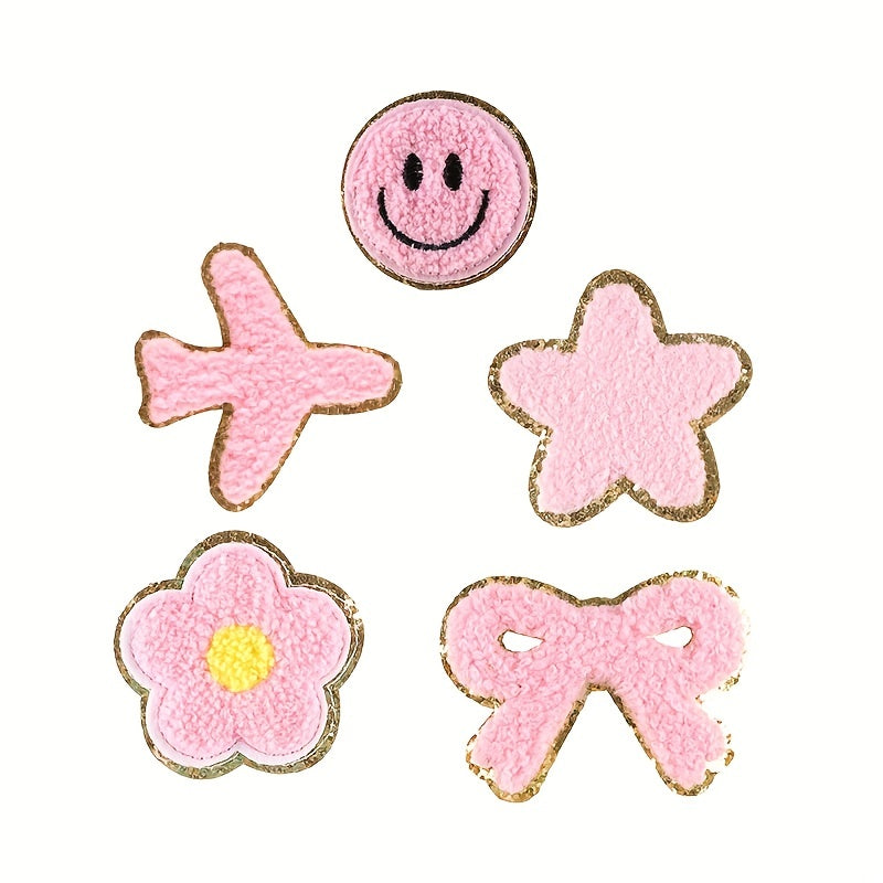 5pcs Chenille Embroidery Patches Pentagram Bow Flower Iron on Stickers