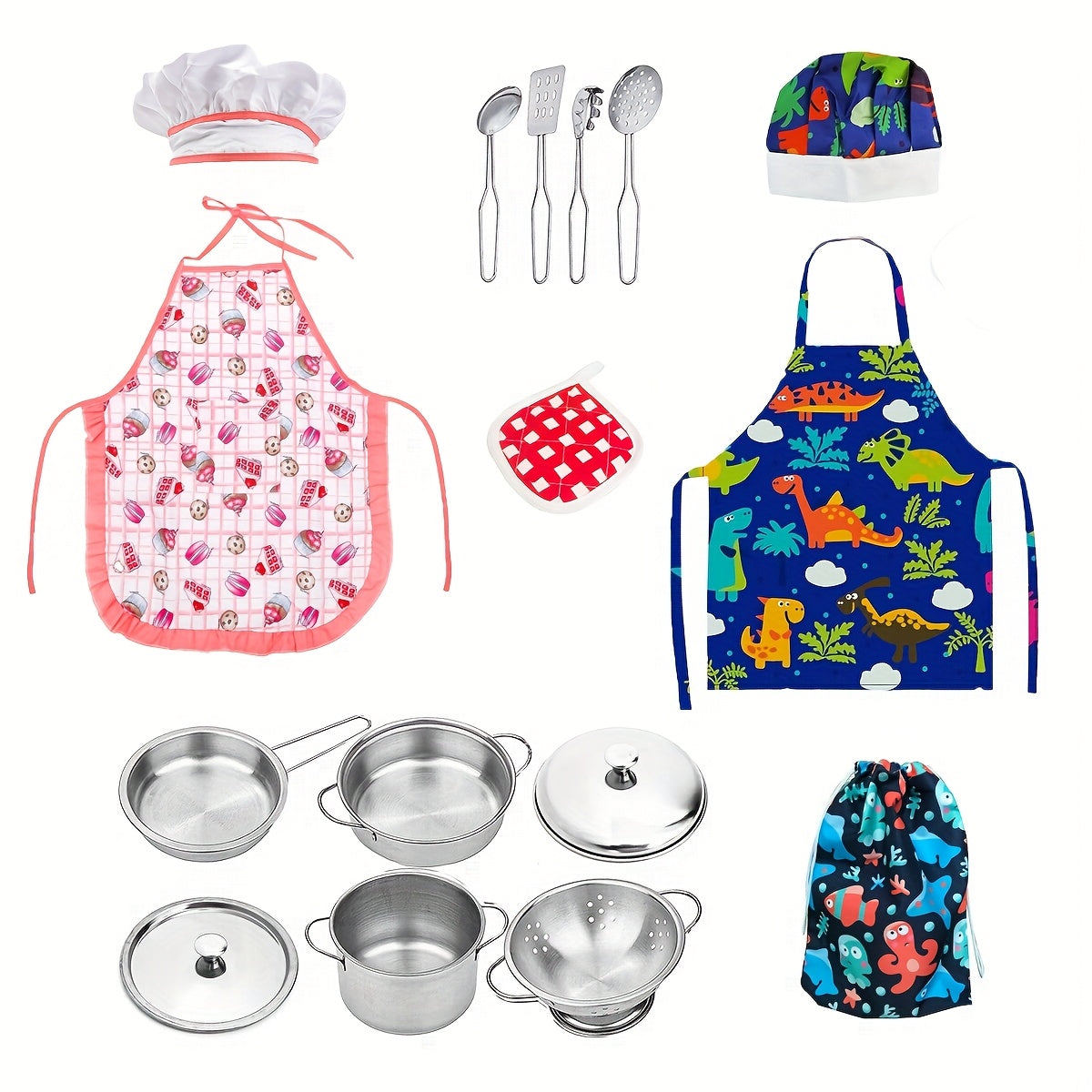 14pcs Kids' Pink Dinosaur Cooking Set w/ Apron Hat & Accessories