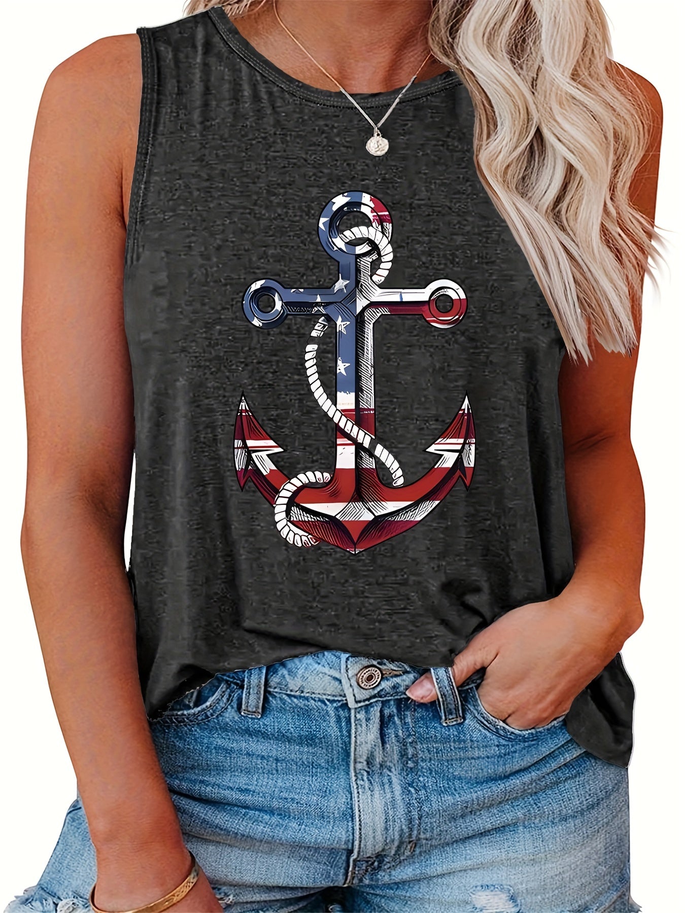  Casual Tank Top Women's Flag Anchor Print Round Neck Tank Top