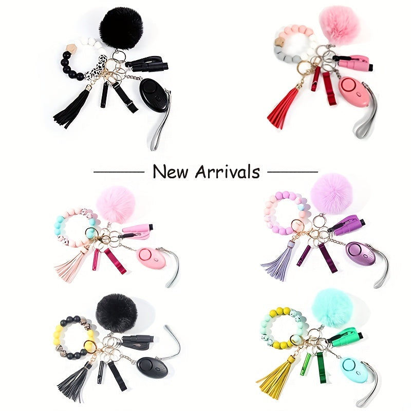 7Pcs Women's Safety Keychain Set Alarm Bracelet Tassel Pompom Breaker