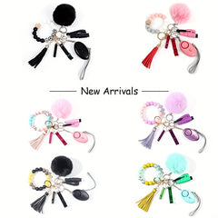 7Pcs Women's Safety Keychain Set Alarm Bracelet Tassel Pompom Breaker