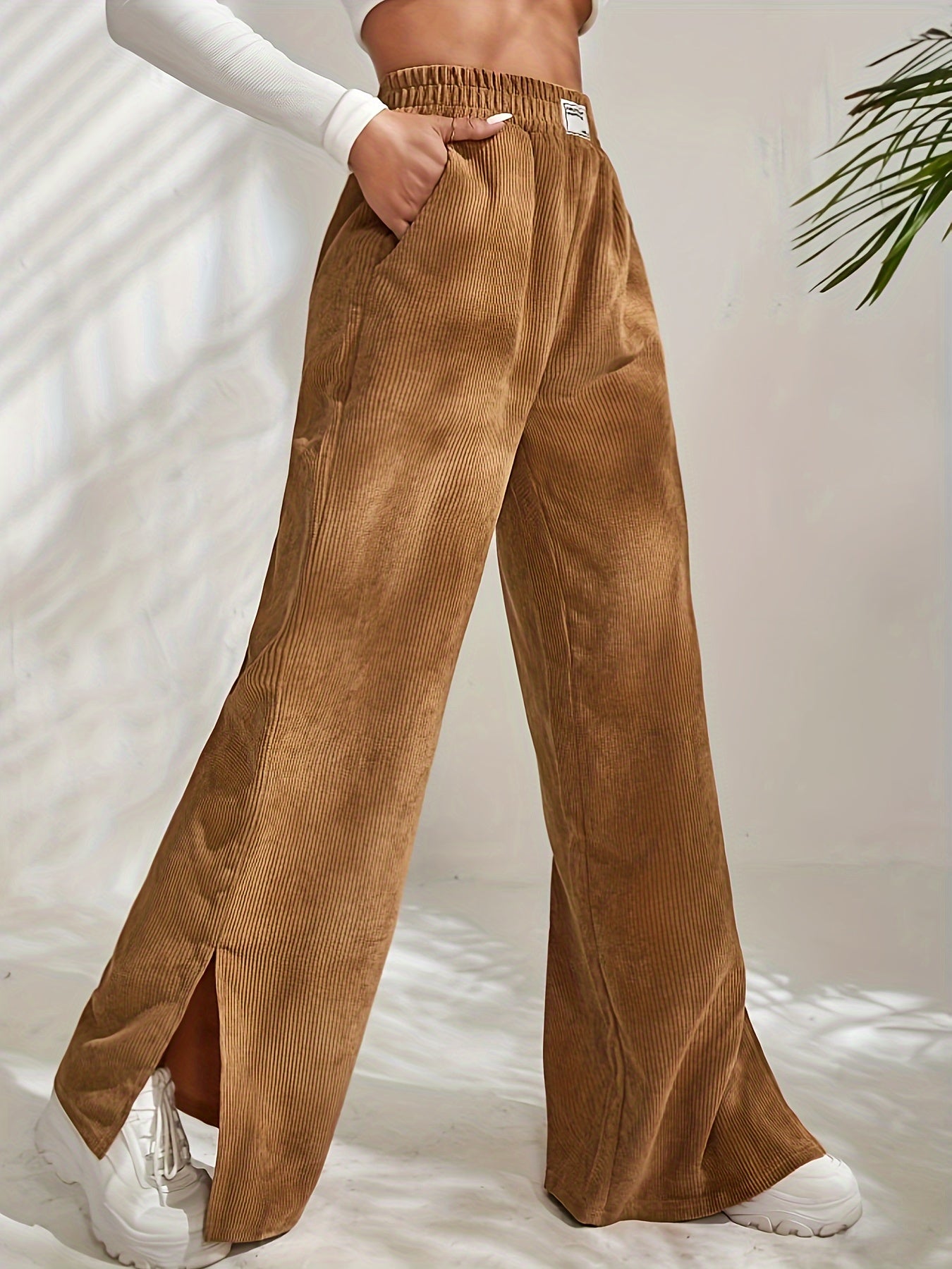  Solid Corduroy High Rise Wide Leg Trousers