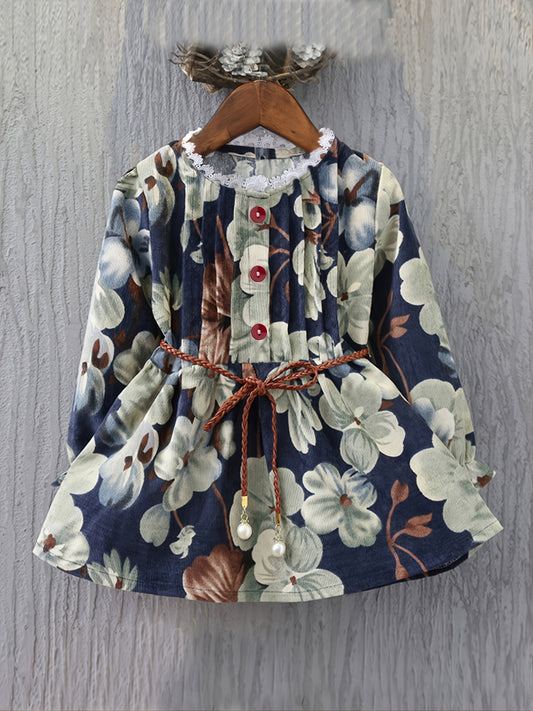 Vintage Lace Up Single Breasted Dress With Floral Print For Kids