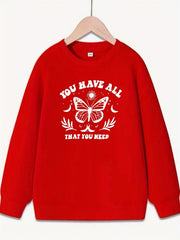 Butterfly Pattern Round Neck Sweatshirt For Girls