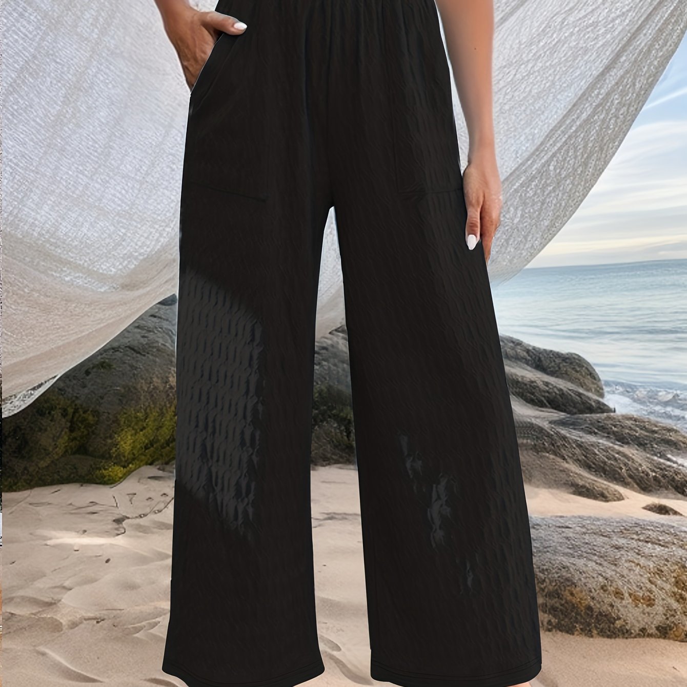  Textured Wide Leg Trousers with Pockets