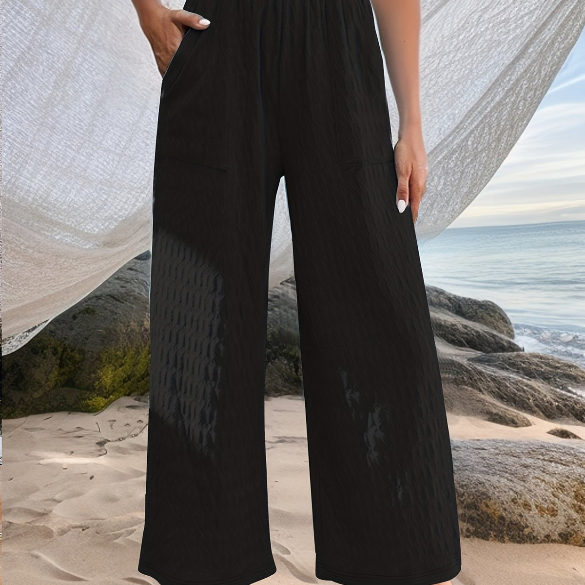  Textured Wide Leg Trousers with Pockets