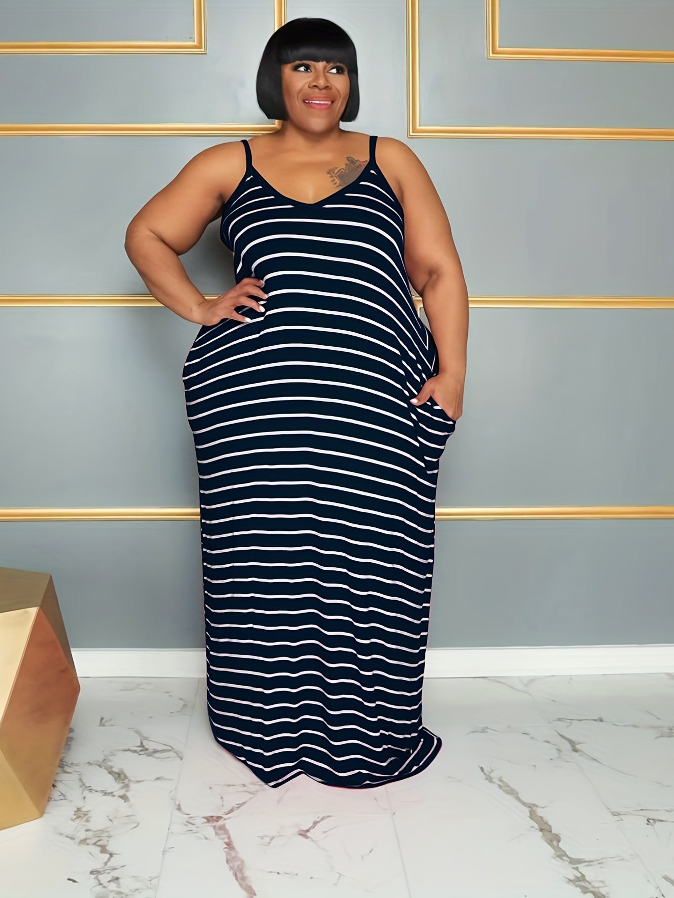  Stripe V Neck Maxi Dress With Pockets