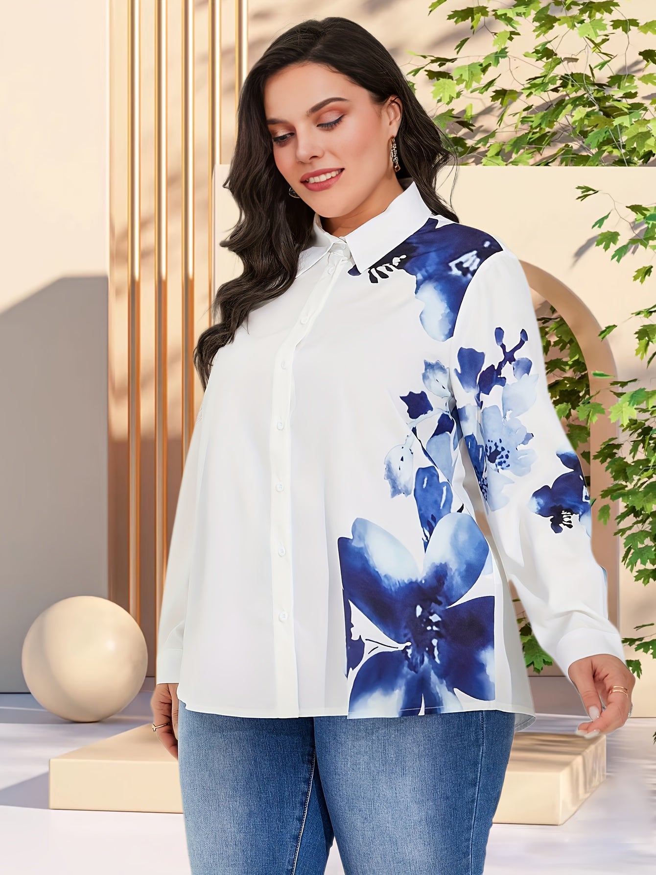  Floral Print Button Up Long Sleeve Blouse