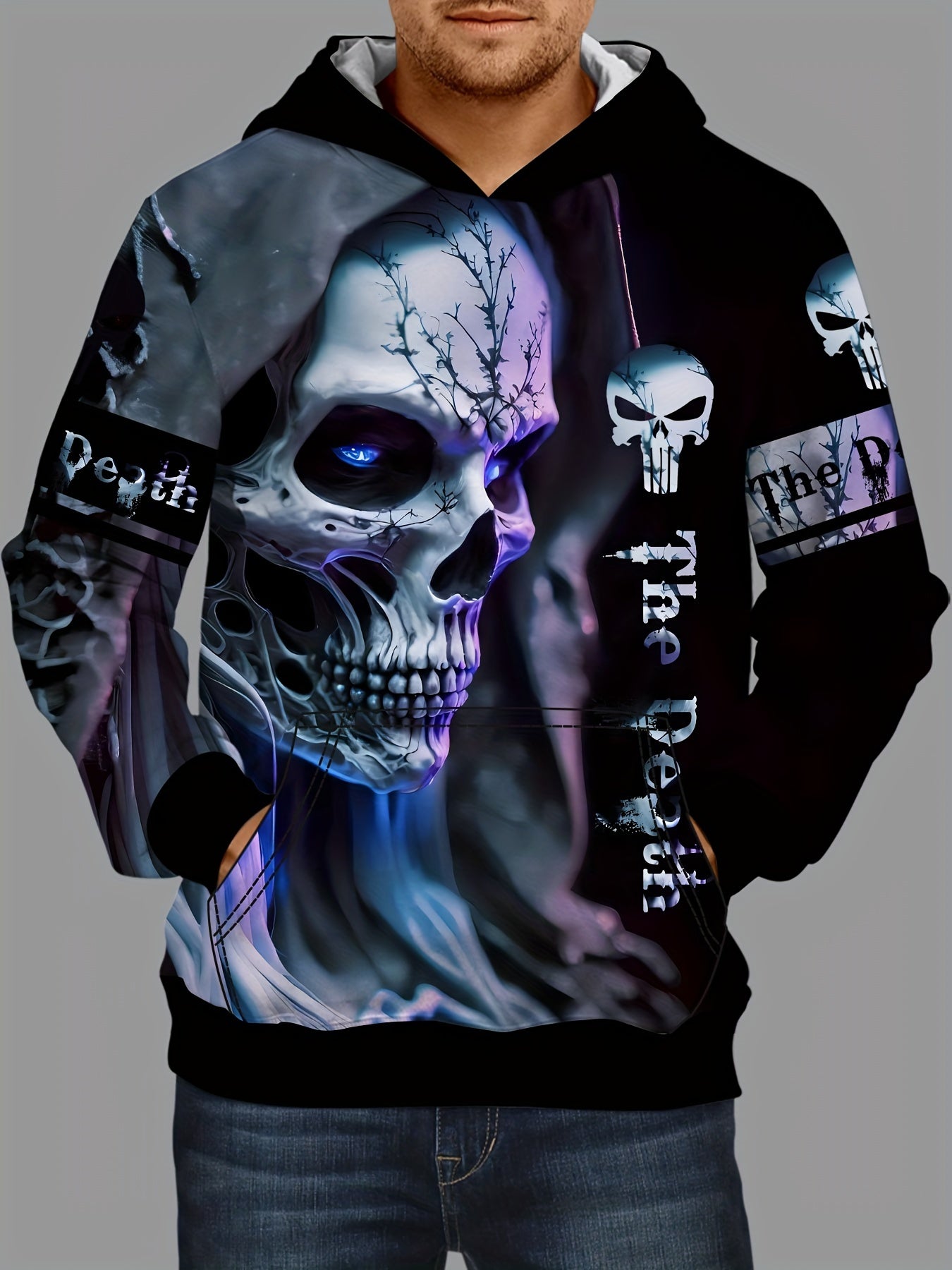 Skull 3D Print Hoodie for Men Graphic Kangaroo Pocket Pullover