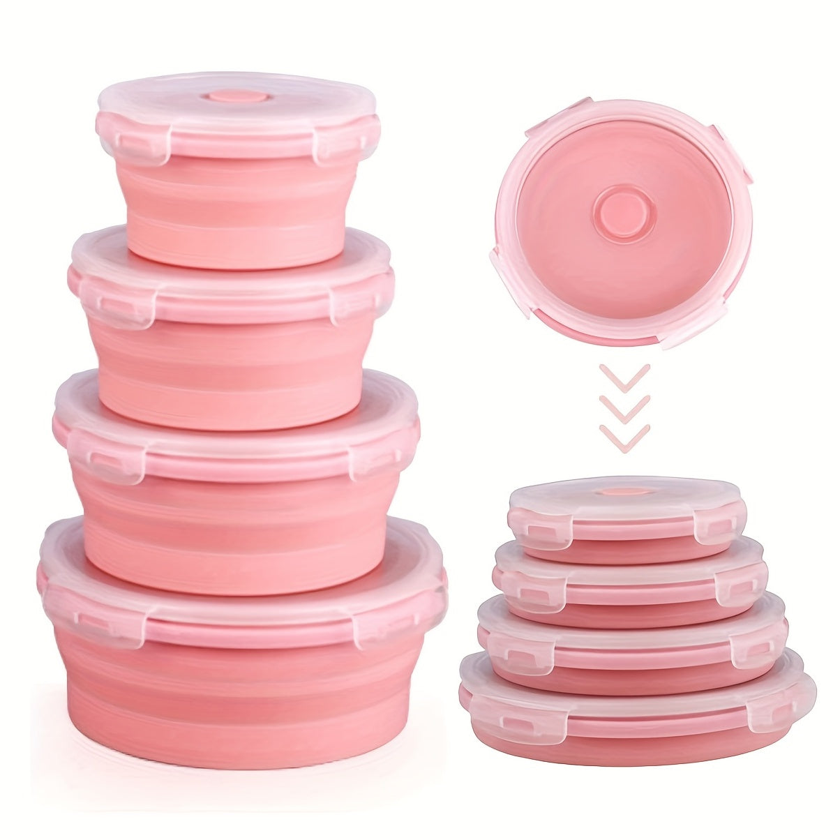 4pcs Silicone Insulated Lunch Box Collapsible Portable BPA Round Bento Leakproof