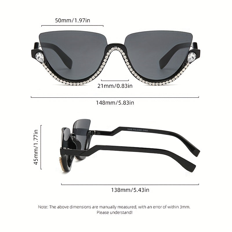 Y2K Cat Eye Semi Rimless Sunglasses with Rhinestones