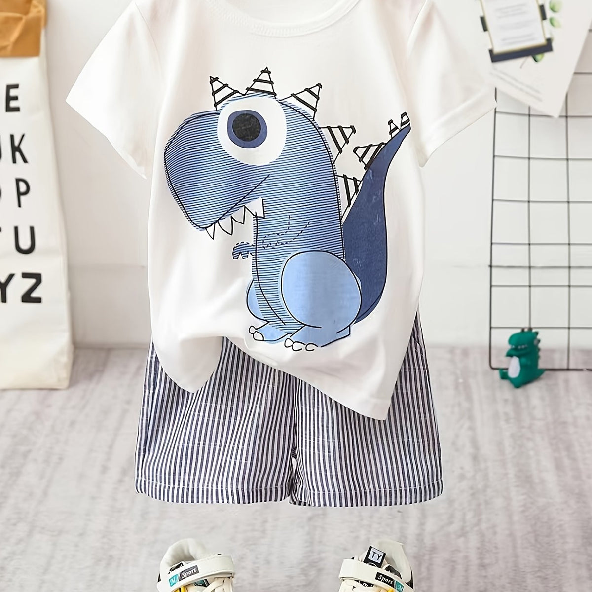 Boys Dinosaur Graphic T-shirt & Striped Shorts Set