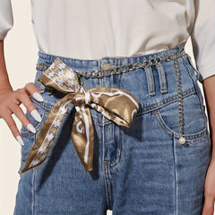 Faux Pearl Pendant Waist Chain Ribbon Bowknot Decor Jeans Pants Metal Waistband
