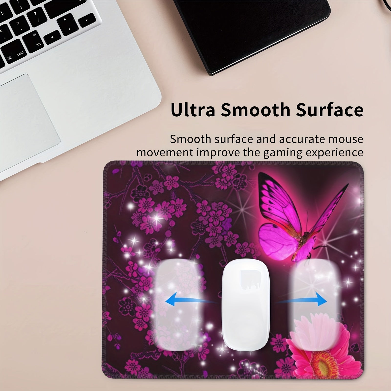Square Sewn Edge Mouse Pad Butterflies Flying Flowers Pattern