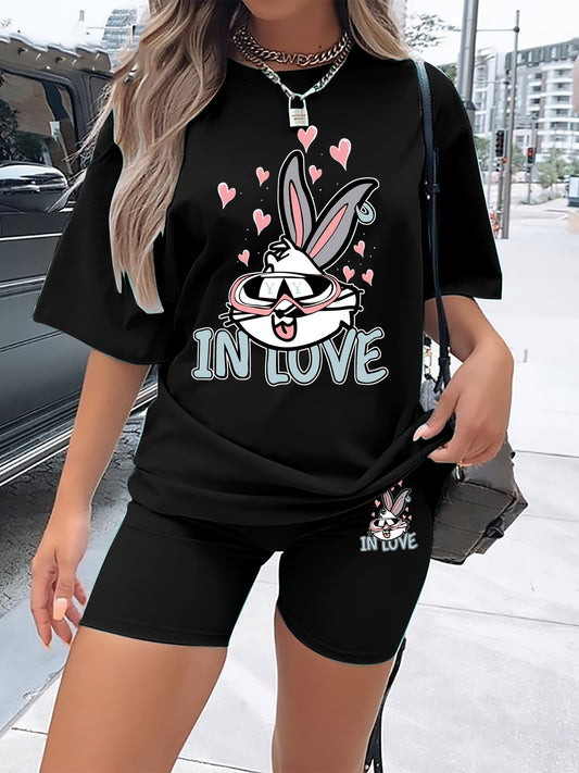 Plus Size Rabbit Print Tee & Biker Shorts Set Plus Stretch 2pcs Outfits