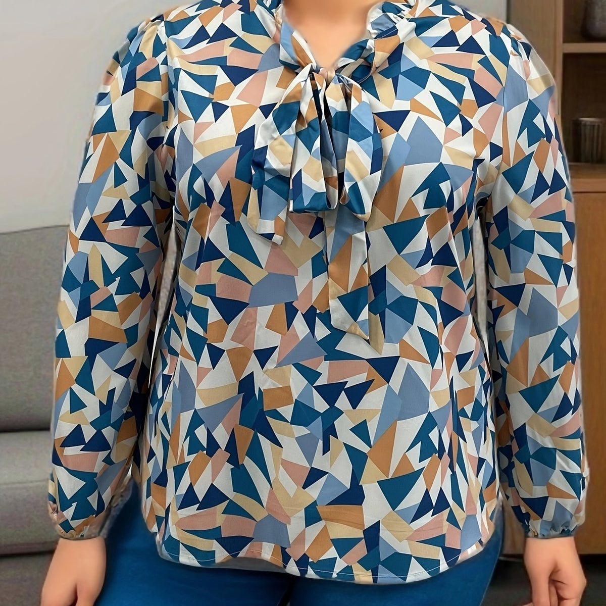  Casual Blouse Women's Plus Geometric Print Lantern Sleeve Tie Front