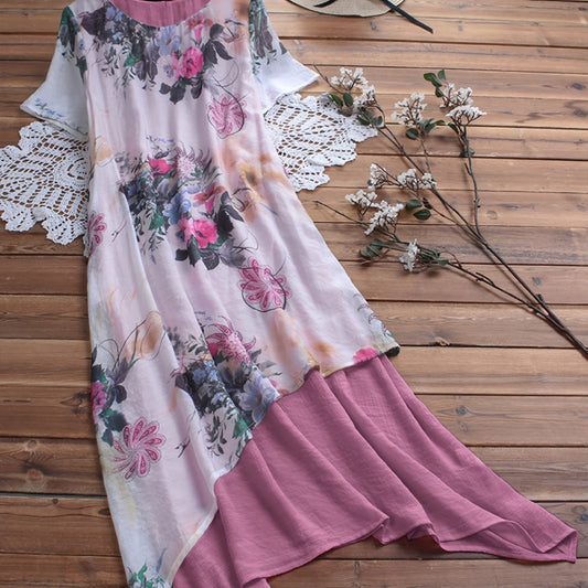 Floral Print Layered V Neck Short Sleeve Dress