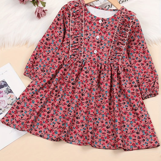 Girls' Corduroy Long Sleeve Floral Round Neck Dress