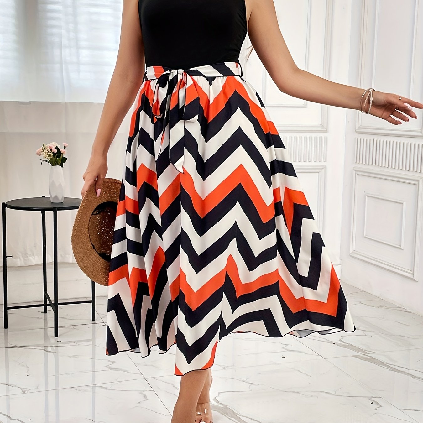 Colorblock Stripe Print Scoop Neck Tank Dress With Belt