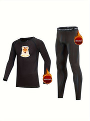 Kids Compression Fleece Sets Cartoon Deer Long Sleeve Pullover Pants