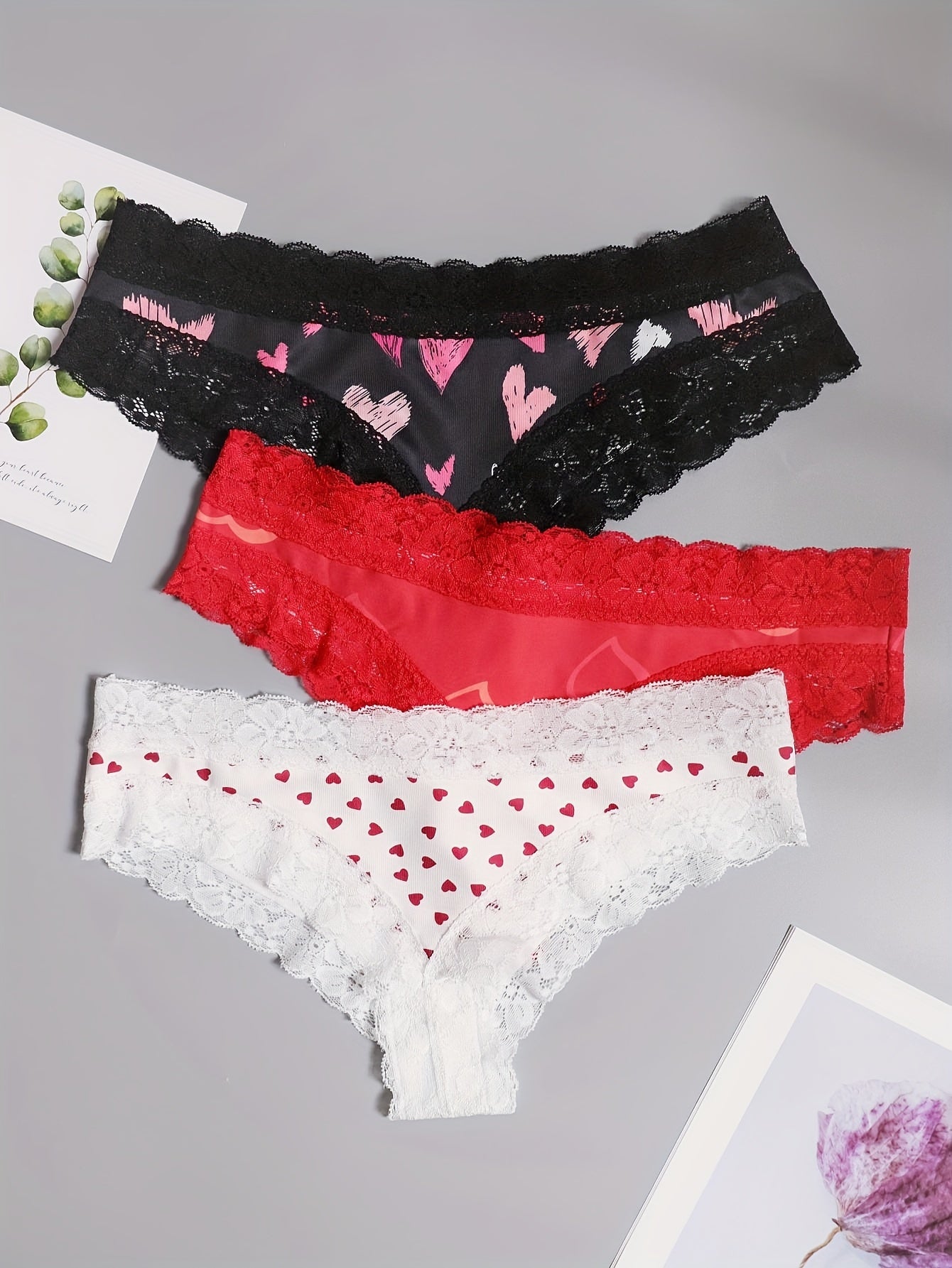 3 Pack Plus Size Heart Print Lace Cheeky Panty Set