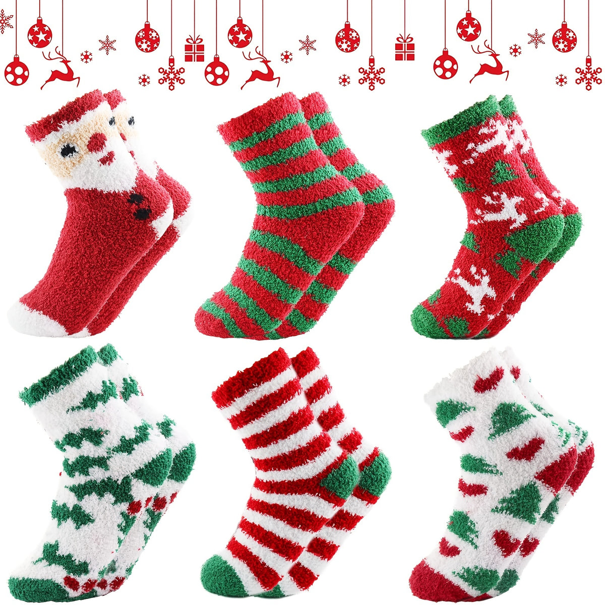 6pcs Christmas Print Socks Fuzzy Warm Comfy Stocking Decorations