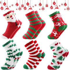 6pcs Christmas Print Socks Fuzzy Warm Comfy Stocking Decorations