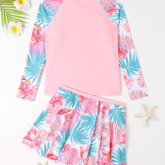 Girls Swimsuit 2pcs Long Sleeve T shirt & Skirts Tropical Floral Print