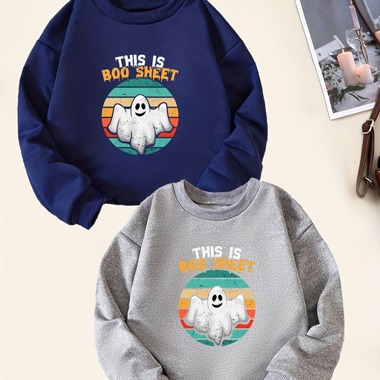 2pcs Halloween Boo Print Boys Pullover Sweatshirt Crew Neck Tops Kids Clothing