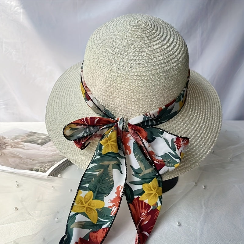 Wide Brim Sun Hat Flower Print Ribbon Bowknot Decor Travel Beach Hats UV Protect