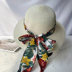 Wide Brim Sun Hat Flower Print Ribbon Bowknot Decor Travel Beach Hats UV Protect