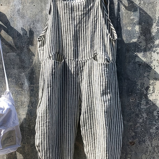  Stripe Print Wide Leg Overall Romper