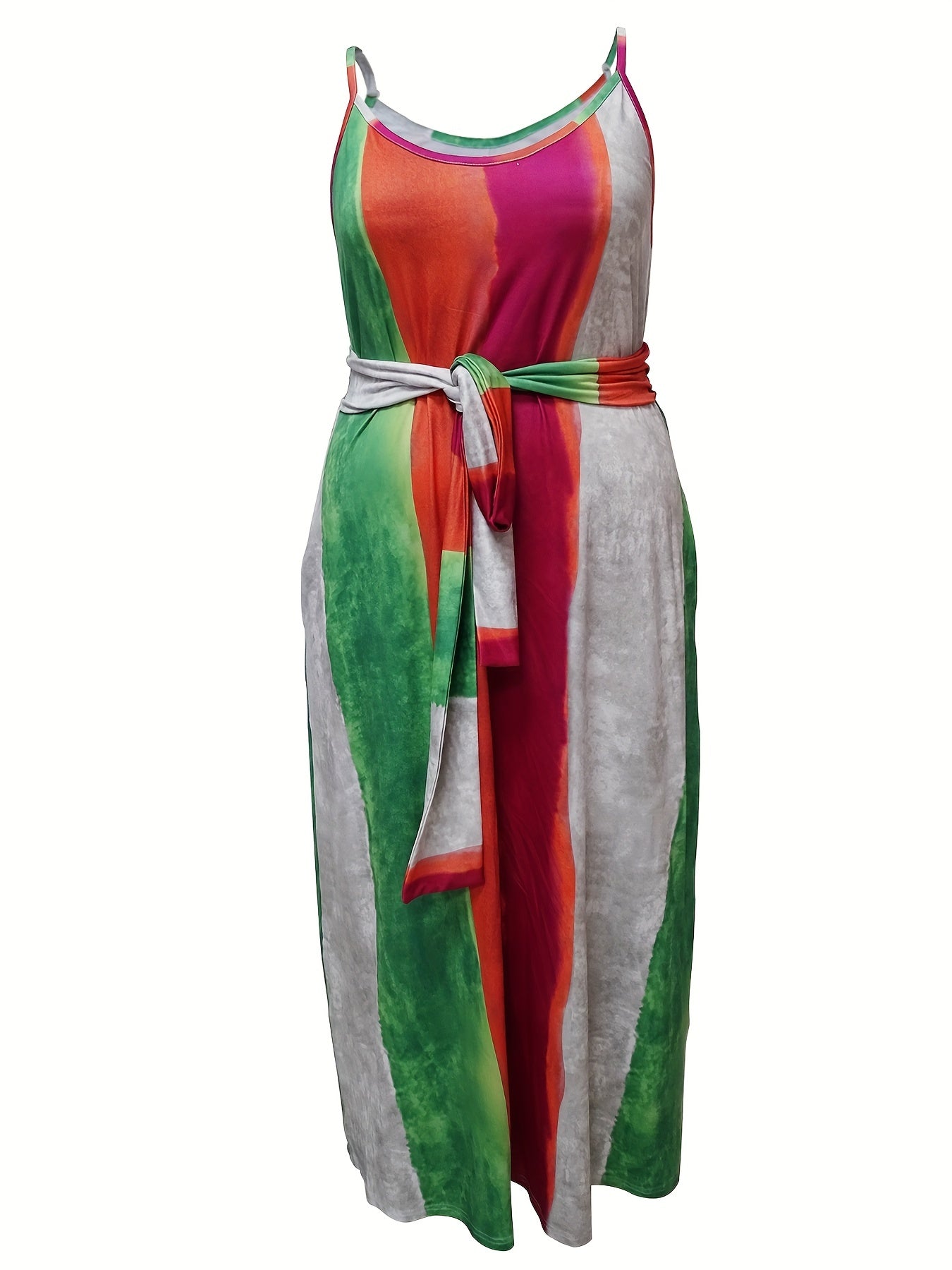 Plus Size Colorblock Maxi Cami Dress with Belt