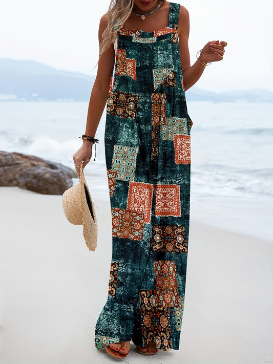 Hippie Patchwork Overall Jumpsuit Boho Sleeveless Wide Leg Jumpsuit